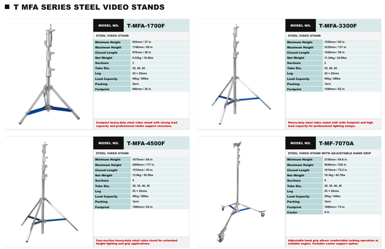 HAFE TMYA TMFA Series Heavy-Duty Steel Film Light Stand với dung lượng tải 40 kg và chiều cao điều chỉnh lên đến 5840 mm