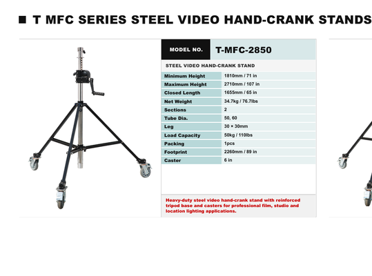 TMFC Series Steel Crank-Up Film Stand với 40kg Load Capacity 7.2m Max Height Heavy-Duty Construction