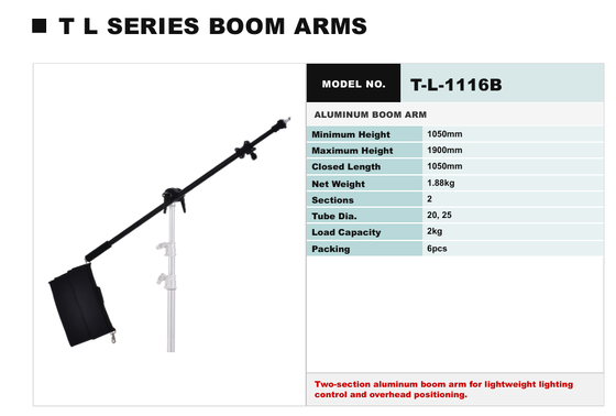 TL Series Aluminium Boom Arm Stand với chiều cao điều chỉnh và thiết kế di động cho chiếu sáng studio