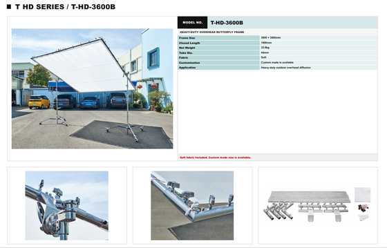 HAFE T HD Series Overhead Butterfly Frame System với 2400 × 2400mm và 3600 × 3600mm Heavy-Duty Diffusion Frames